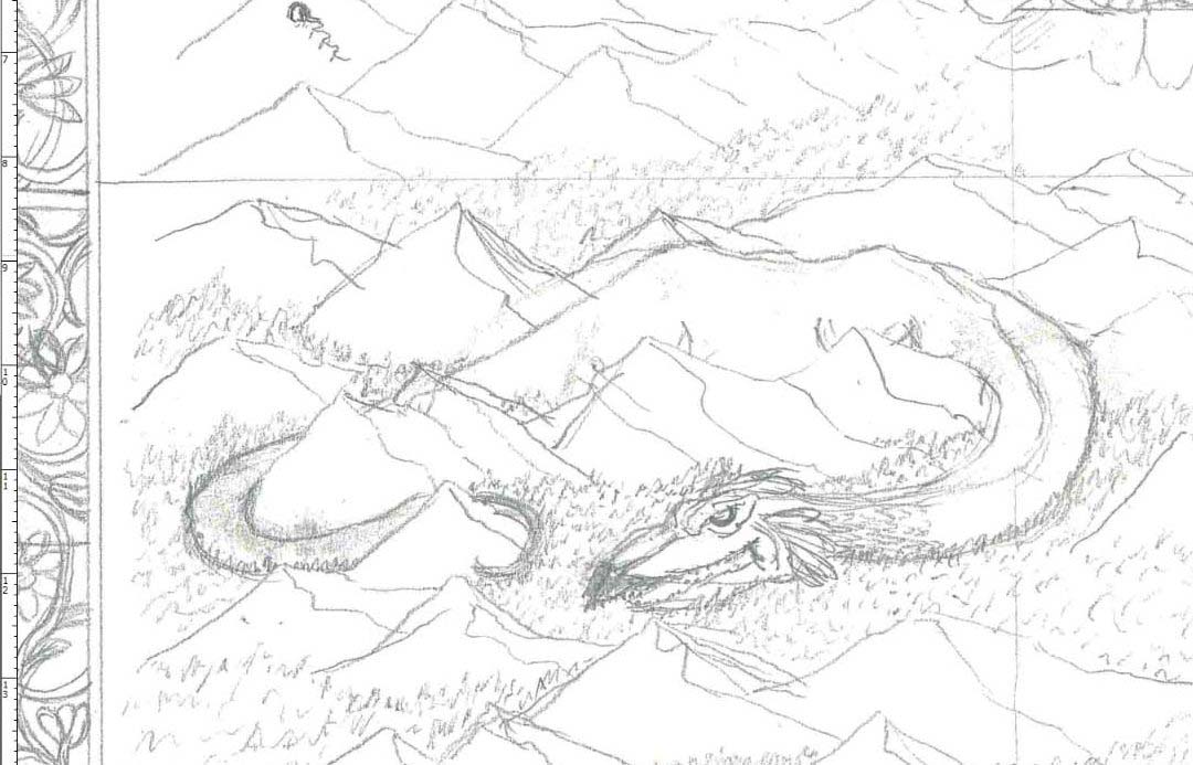 hand-drawn map, campaign setting, tutorial, line-art, DnD, RPG, roleplay, Photoshop, digital art, beasts, forest, coast, water, trees, mountain range, dragon, sea serpent, mushroom